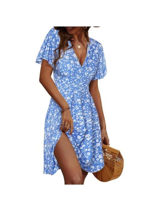 Dresses & Skirts - Women's Sundress Summer Floral Short Sleeve Wrap V Neck A-Line Midi Dress, Blue
